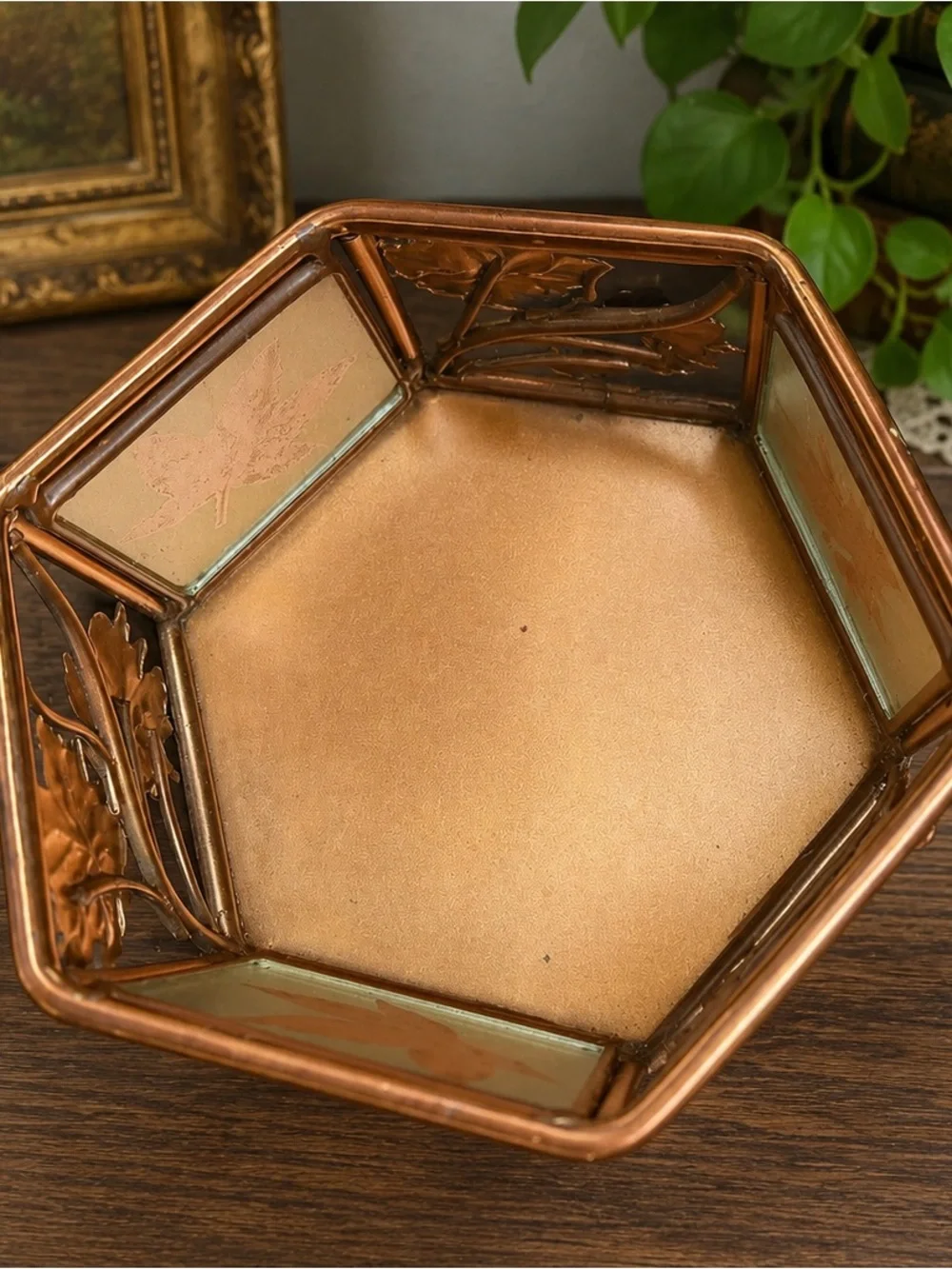 Vintage Kmart Copper Tone Maple Leaf Glass Candle Holder Fall Autumn Decor